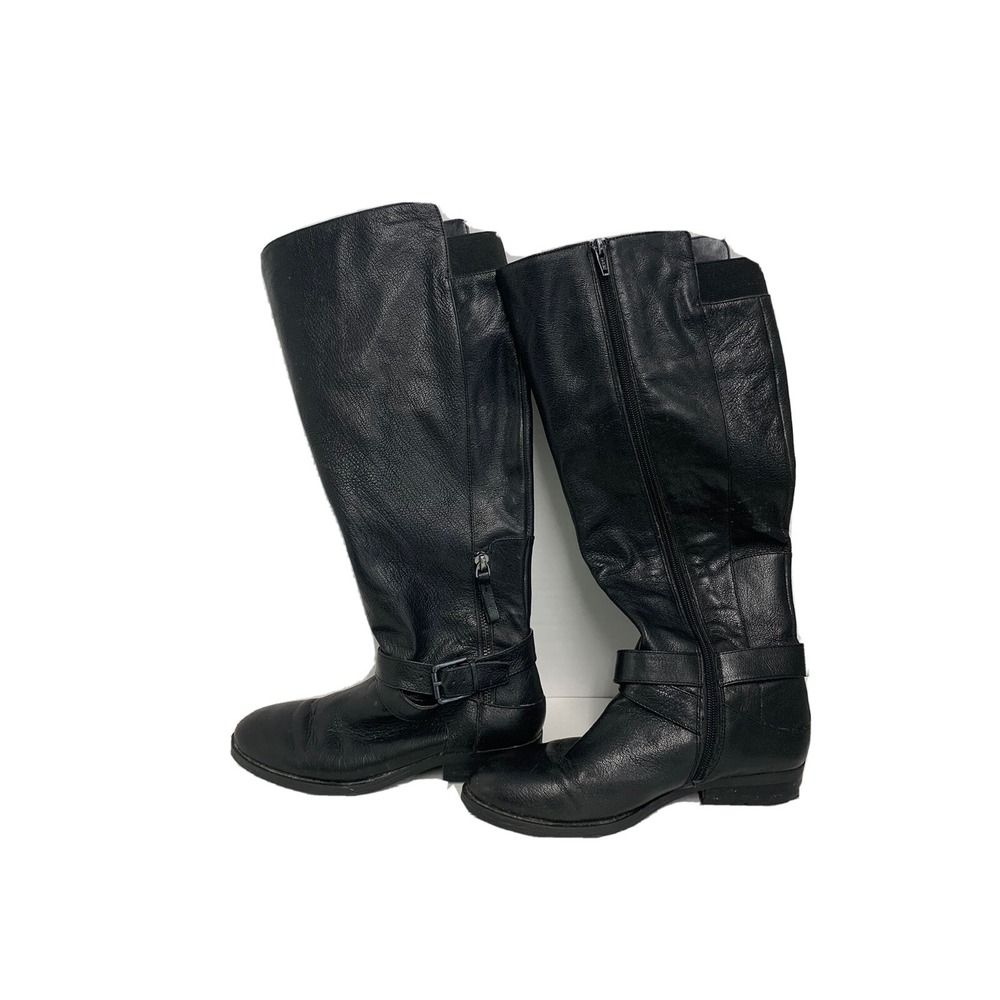 Nine West Boots Womens 6 M Tumble Tall Buckle Side Zip Riding Boot Black Leather